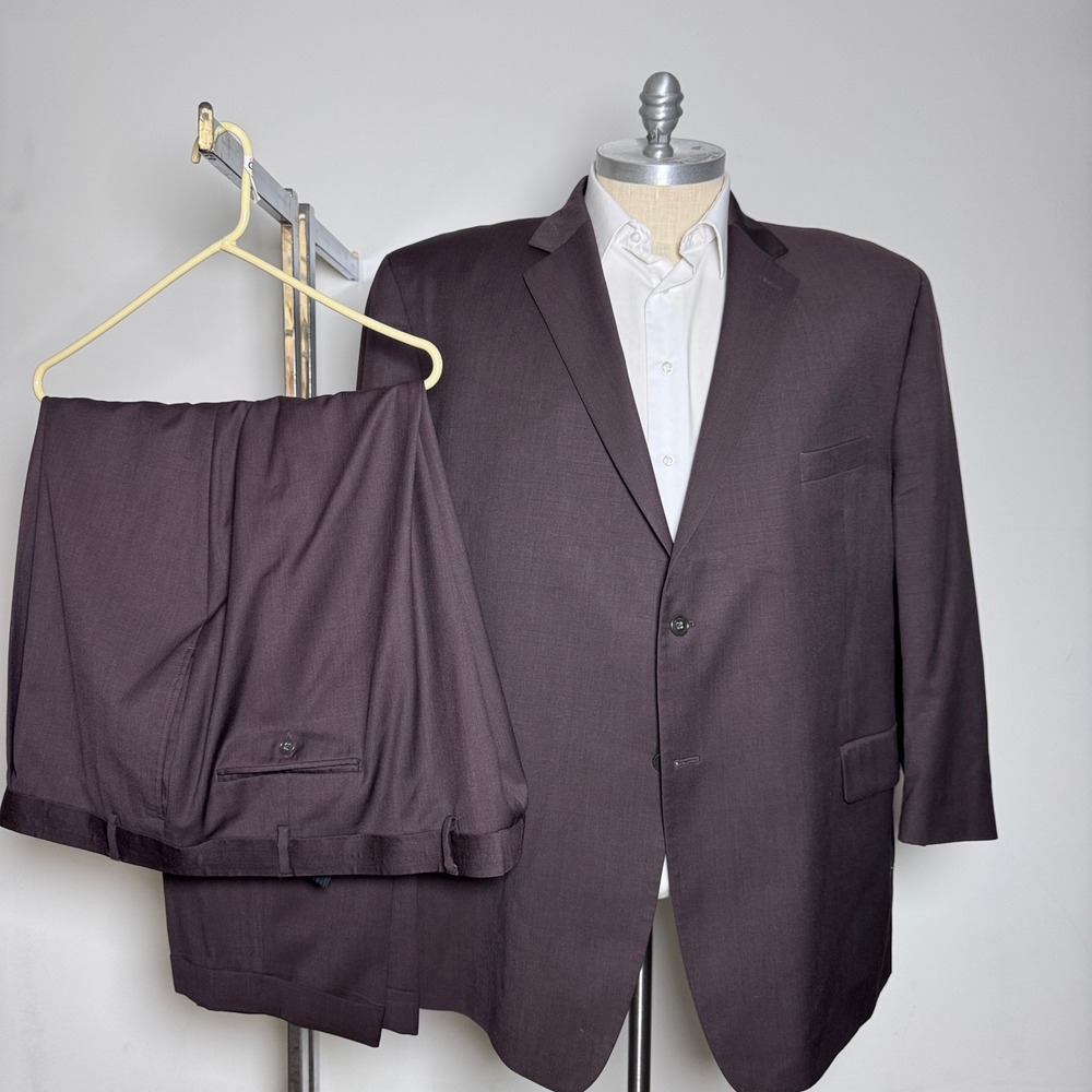 Calvin Klein Suit Mens 56R W52‎ Brown Solid 100% Wool Two Button Flat Front